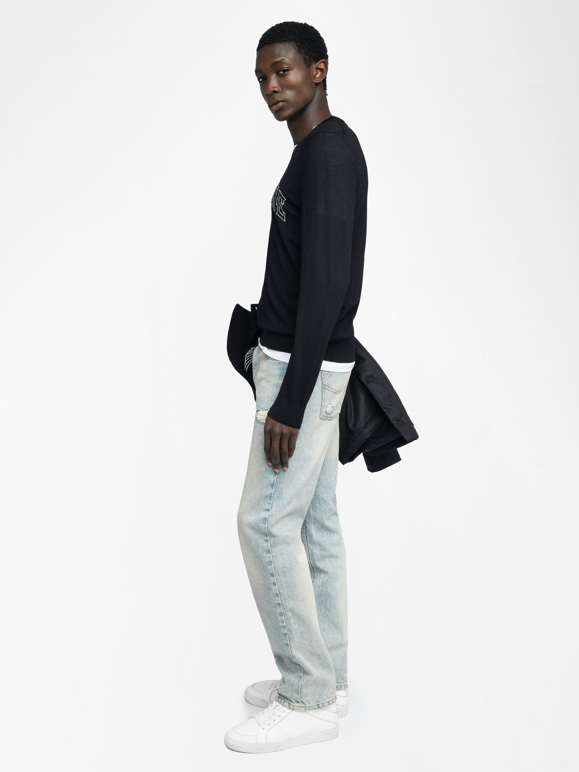 Kennedy Jumper 100% Merino Wool - Round neck jumper with Voltaire writing on the front.